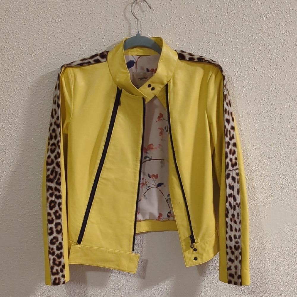Punto Leather And Fur Yellow Motorcycle Jacket Size Small/4 Made In Italy